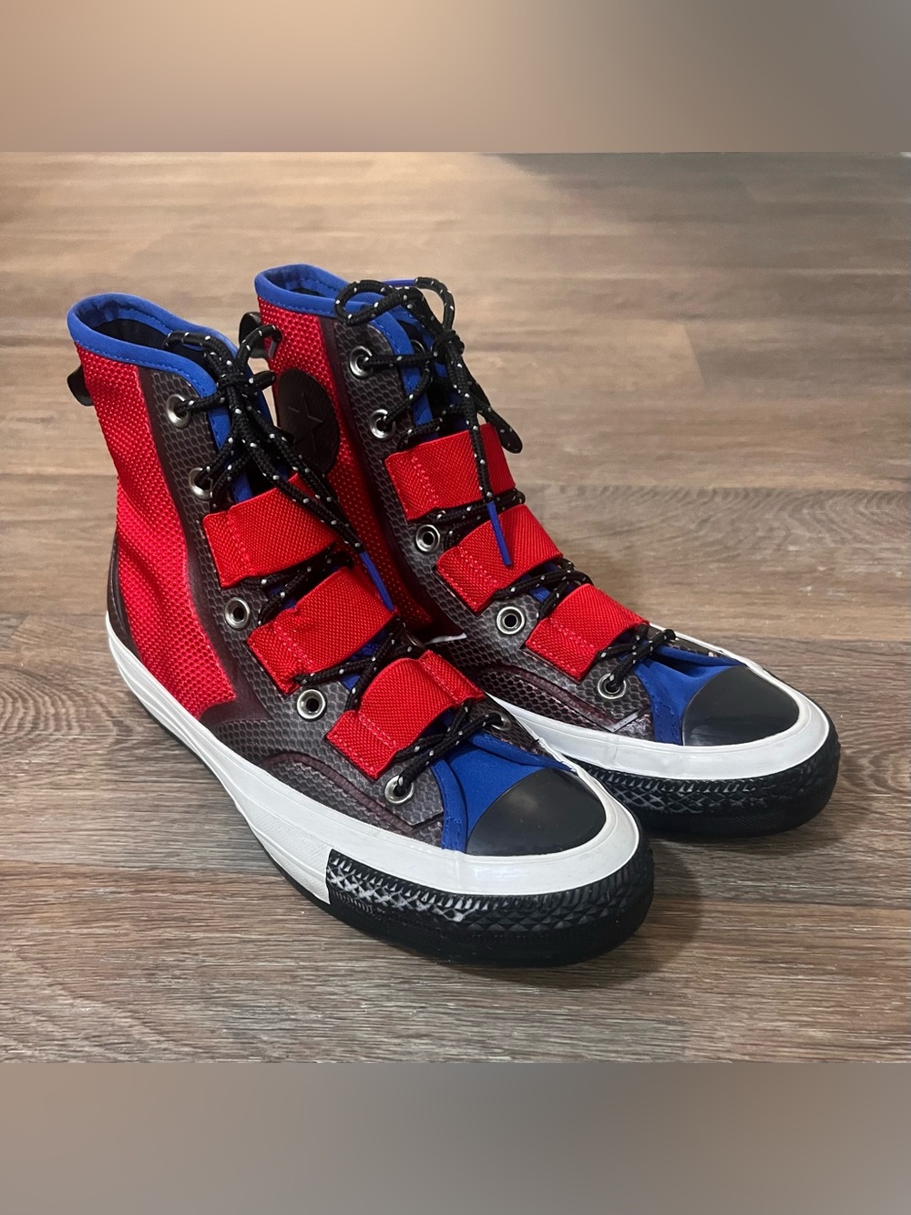 Converse x Spider-Man high top sneakers with red and blue color blocking /A743